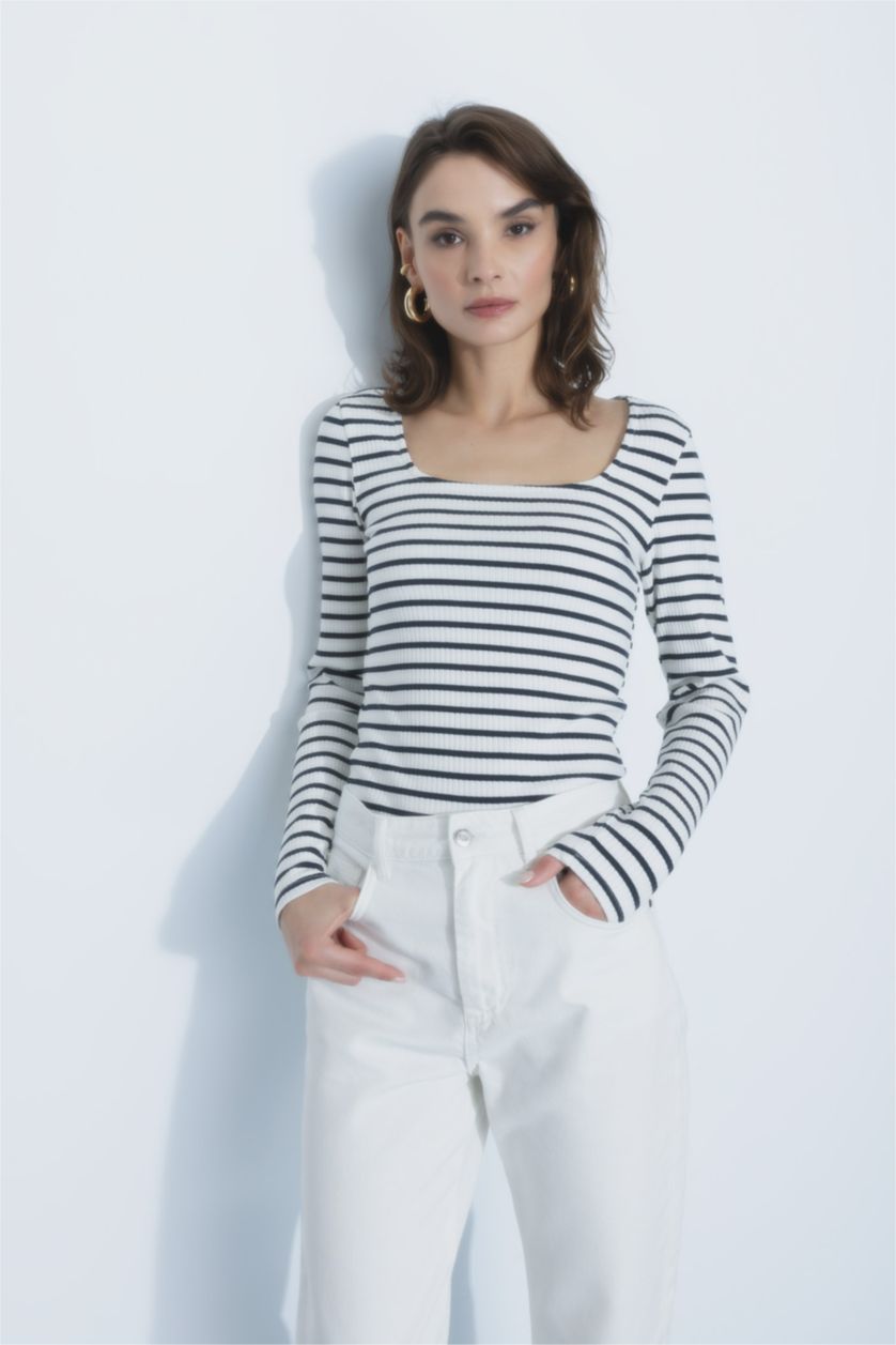WOMAN Ecru Fitted Square Collar Striped Long Sleeve T-Shirt