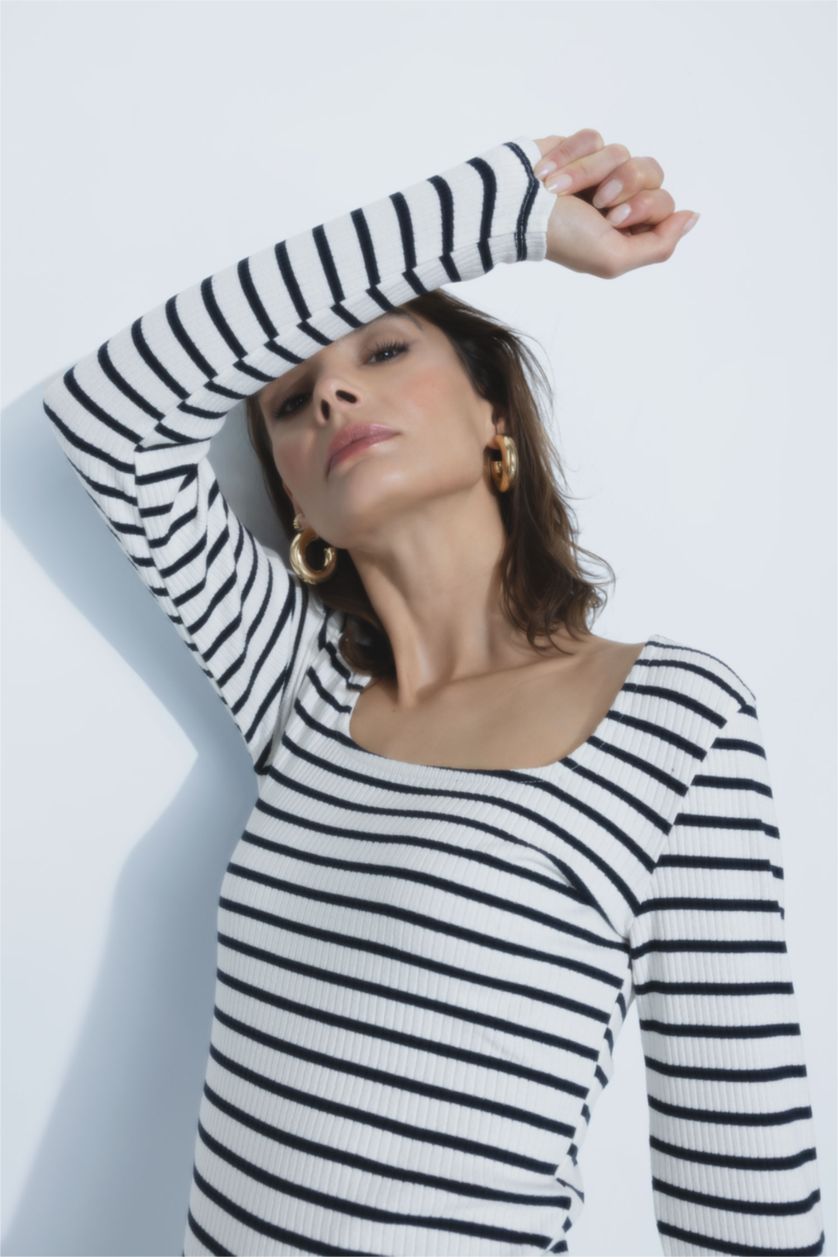 WOMAN Ecru Fitted Square Collar Striped Long Sleeve T-Shirt