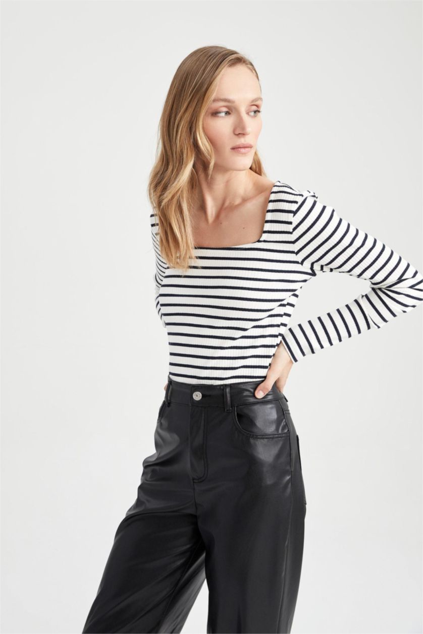 WOMAN Ecru Fitted Square Collar Striped Long Sleeve T-Shirt