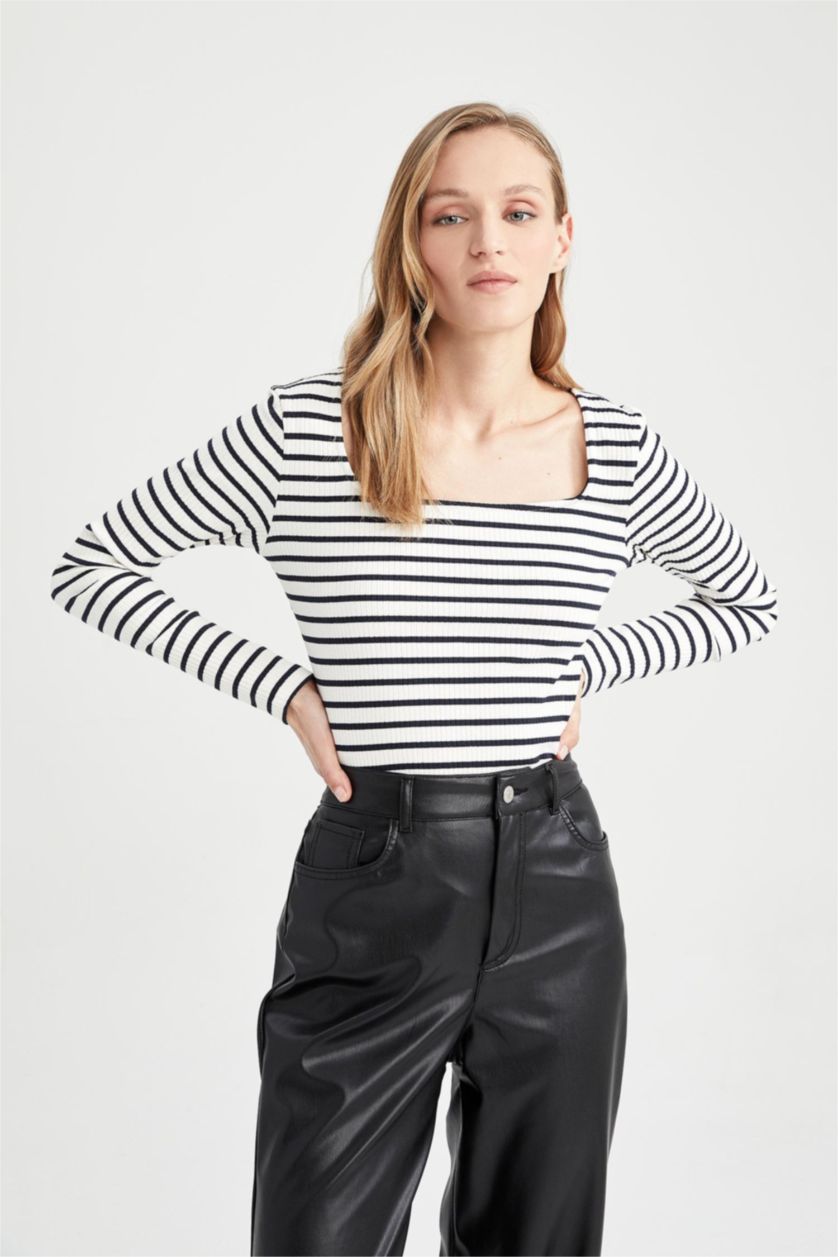 WOMAN Ecru Fitted Square Collar Striped Long Sleeve T-Shirt