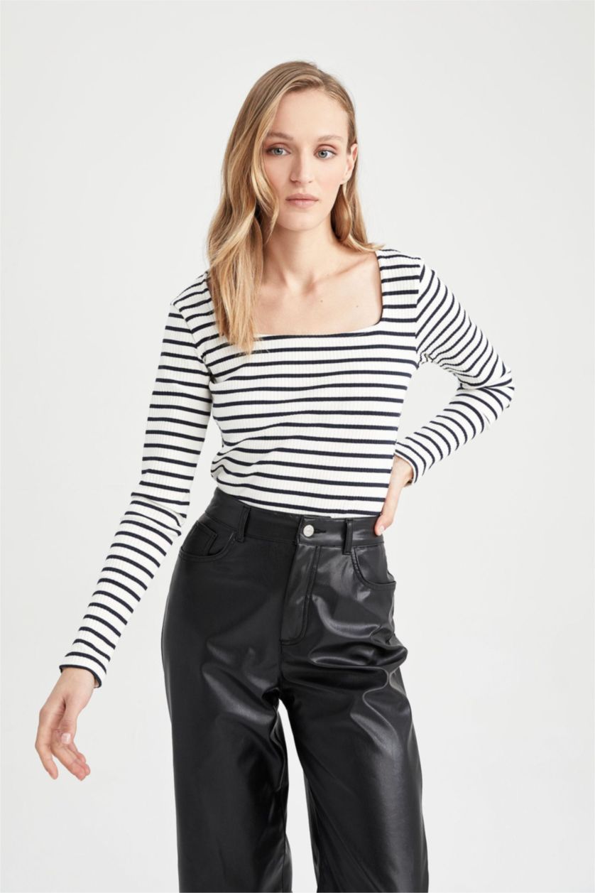 WOMAN Ecru Fitted Square Collar Striped Long Sleeve T-Shirt