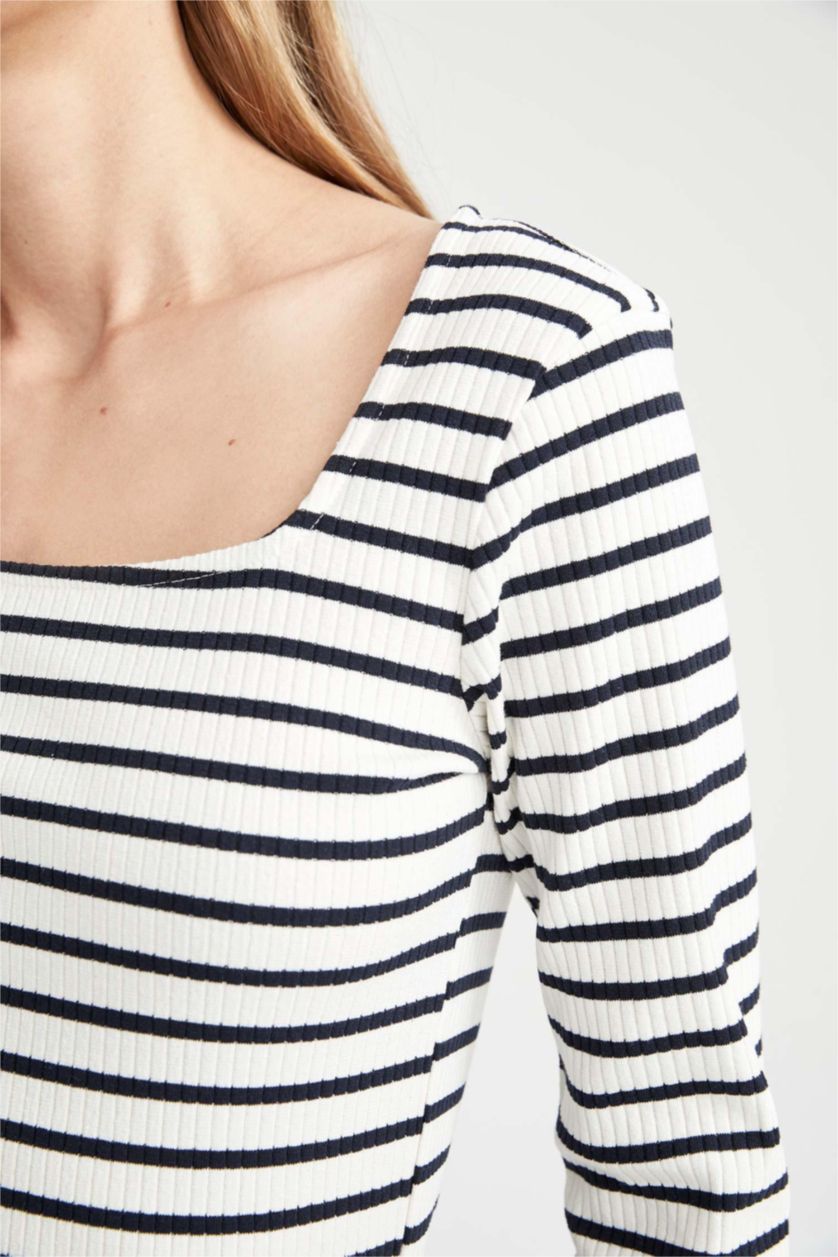 WOMAN Ecru Fitted Square Collar Striped Long Sleeve T-Shirt