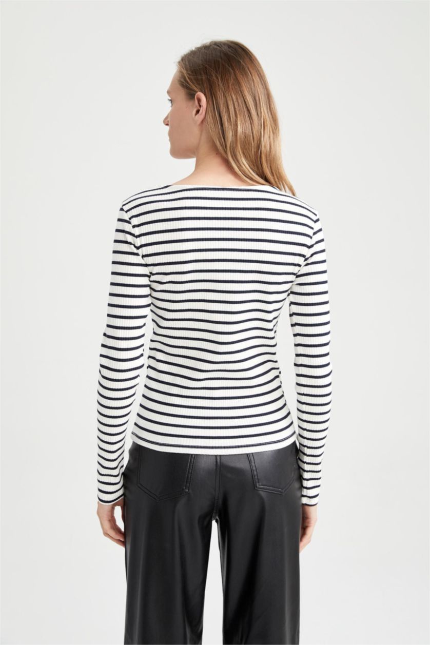 WOMAN Ecru Fitted Square Collar Striped Long Sleeve T-Shirt