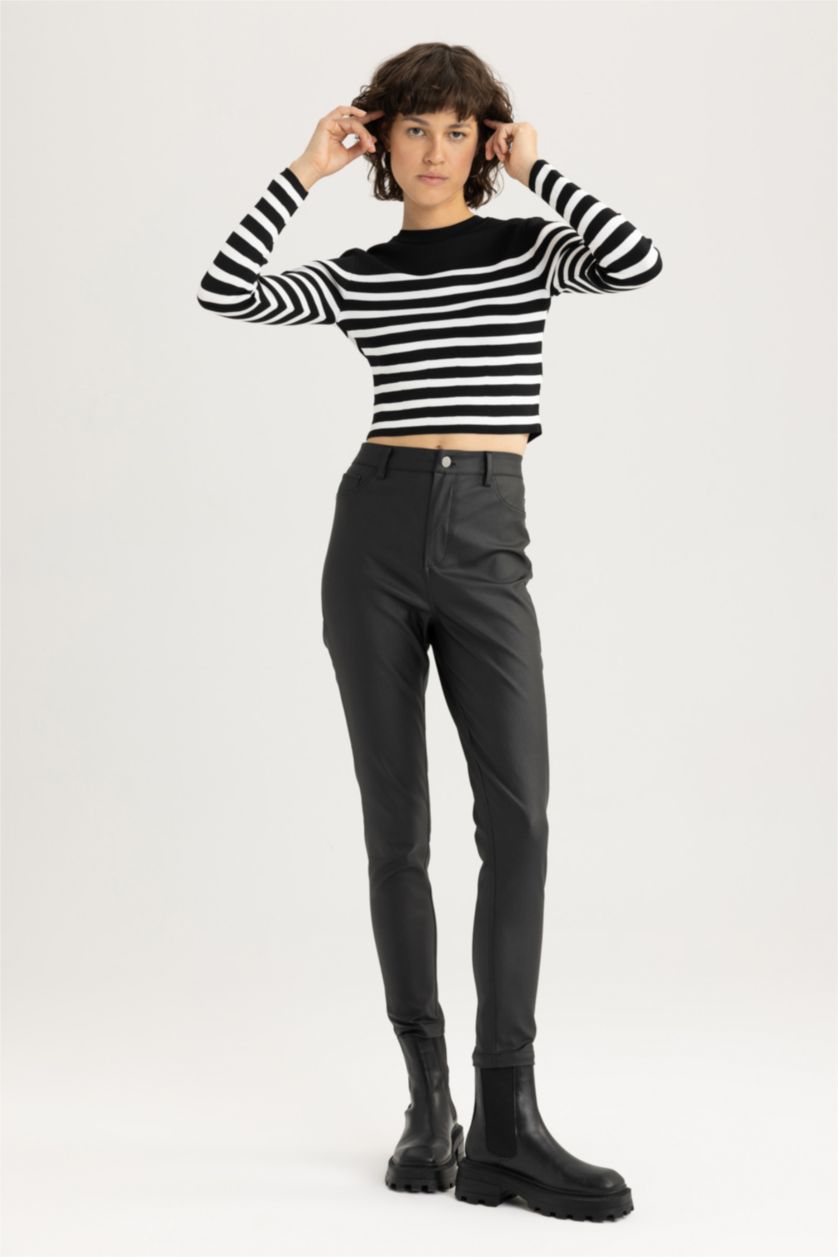 WOMAN Black Slim Fit Striped Crew Neck Knitted Pullover