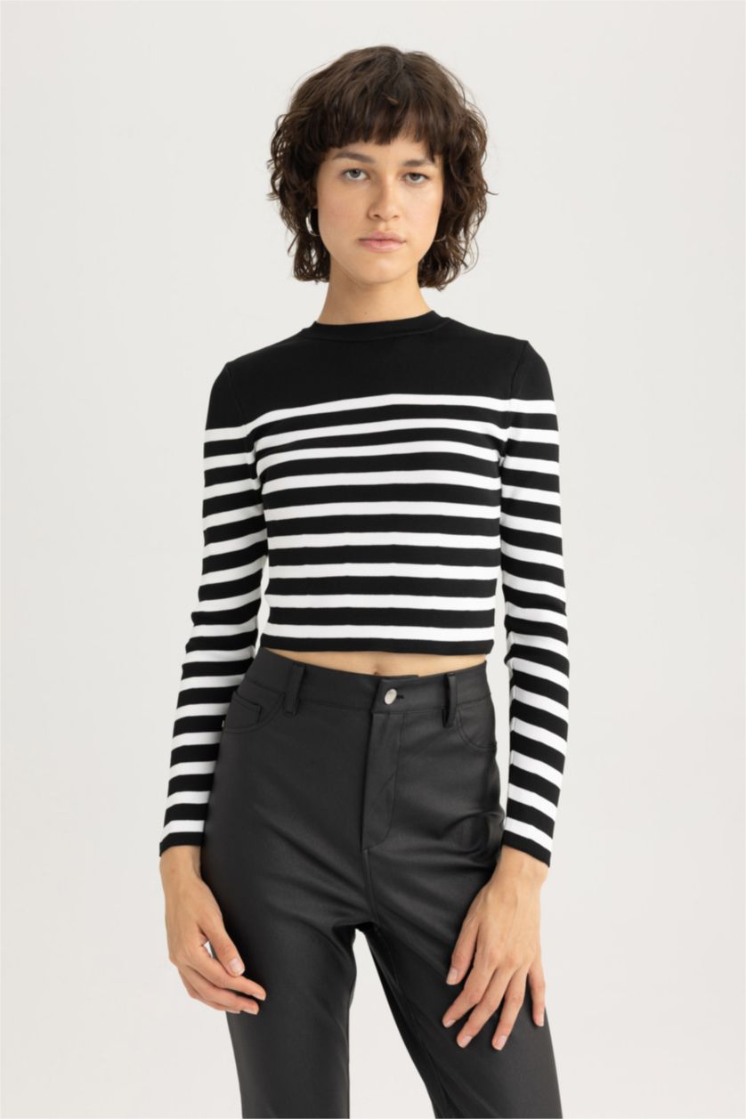 WOMAN Black Slim Fit Striped Crew Neck Knitted Pullover