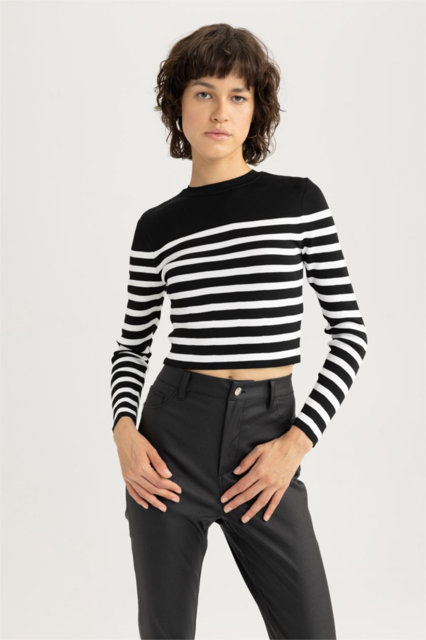 WOMAN Black Slim Fit Striped Crew Neck Knitted Pullover