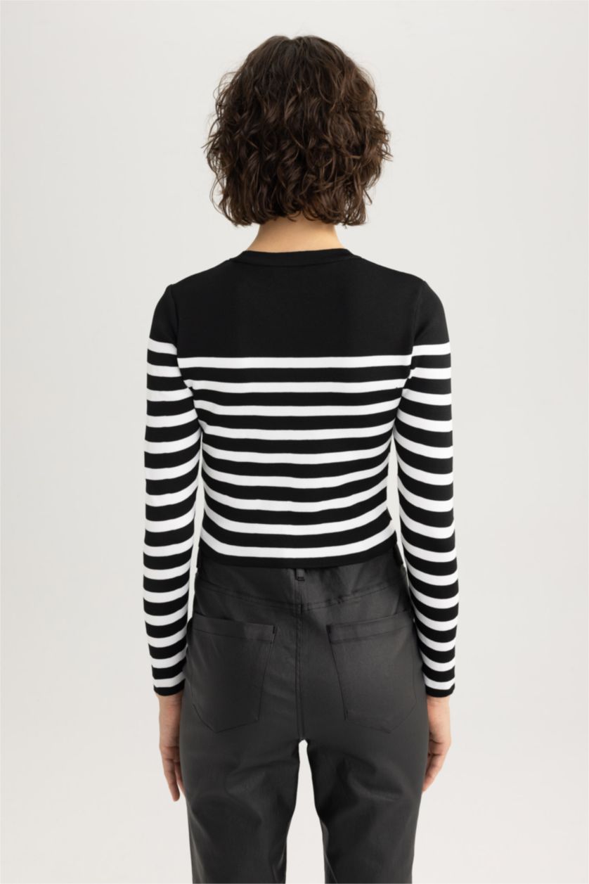 WOMAN Black Slim Fit Striped Crew Neck Knitted Pullover