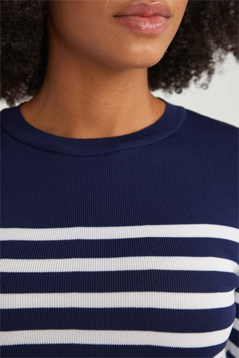 WOMAN NAVY Slim Fit Striped Crew Neck Pullover