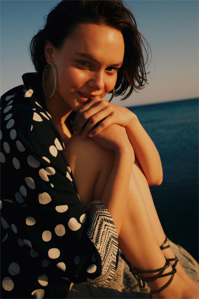 WOMAN Black Fall in Love Regular Fit Polka Dot Cotton Beach Dress