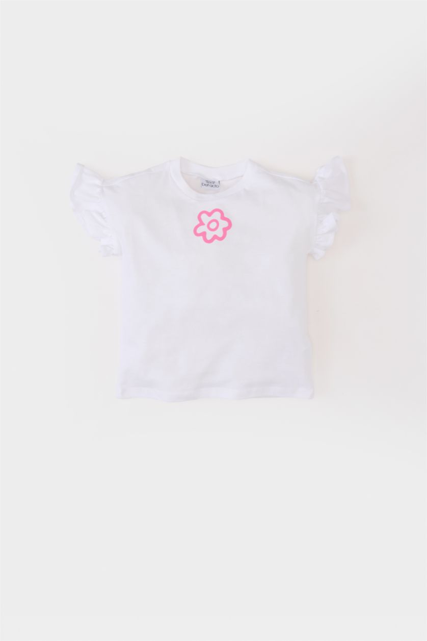 Kız Bebek Beyaz Bisiklet Yaka Çiçekli Kısa Kollu Tişört Kız Bebek