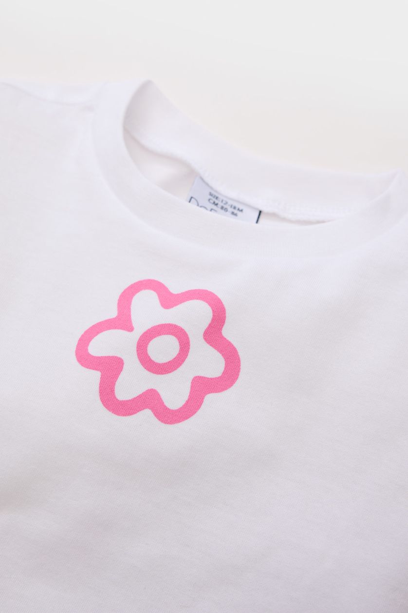 Kız Bebek Beyaz Bisiklet Yaka Çiçekli Kısa Kollu Tişört Kız Bebek