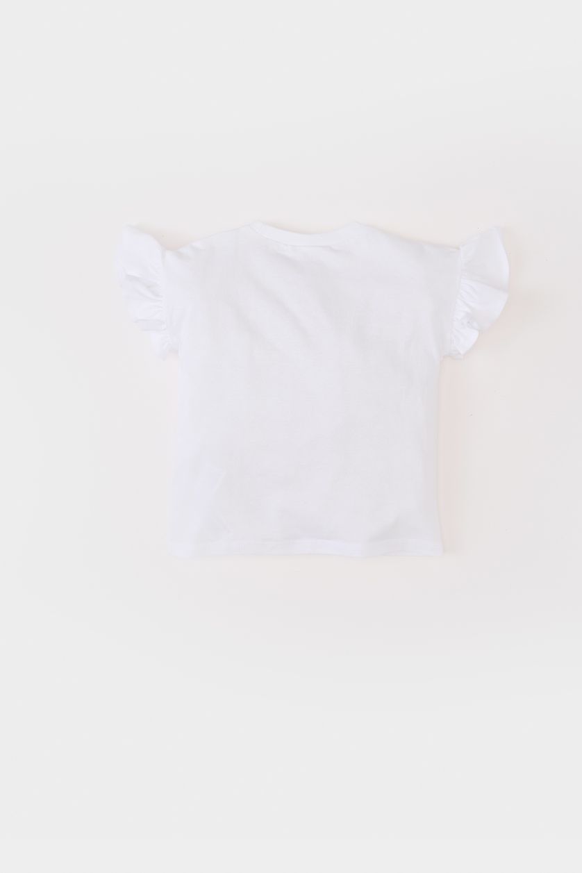 Kız Bebek Beyaz Bisiklet Yaka Çiçekli Kısa Kollu Tişört Kız Bebek