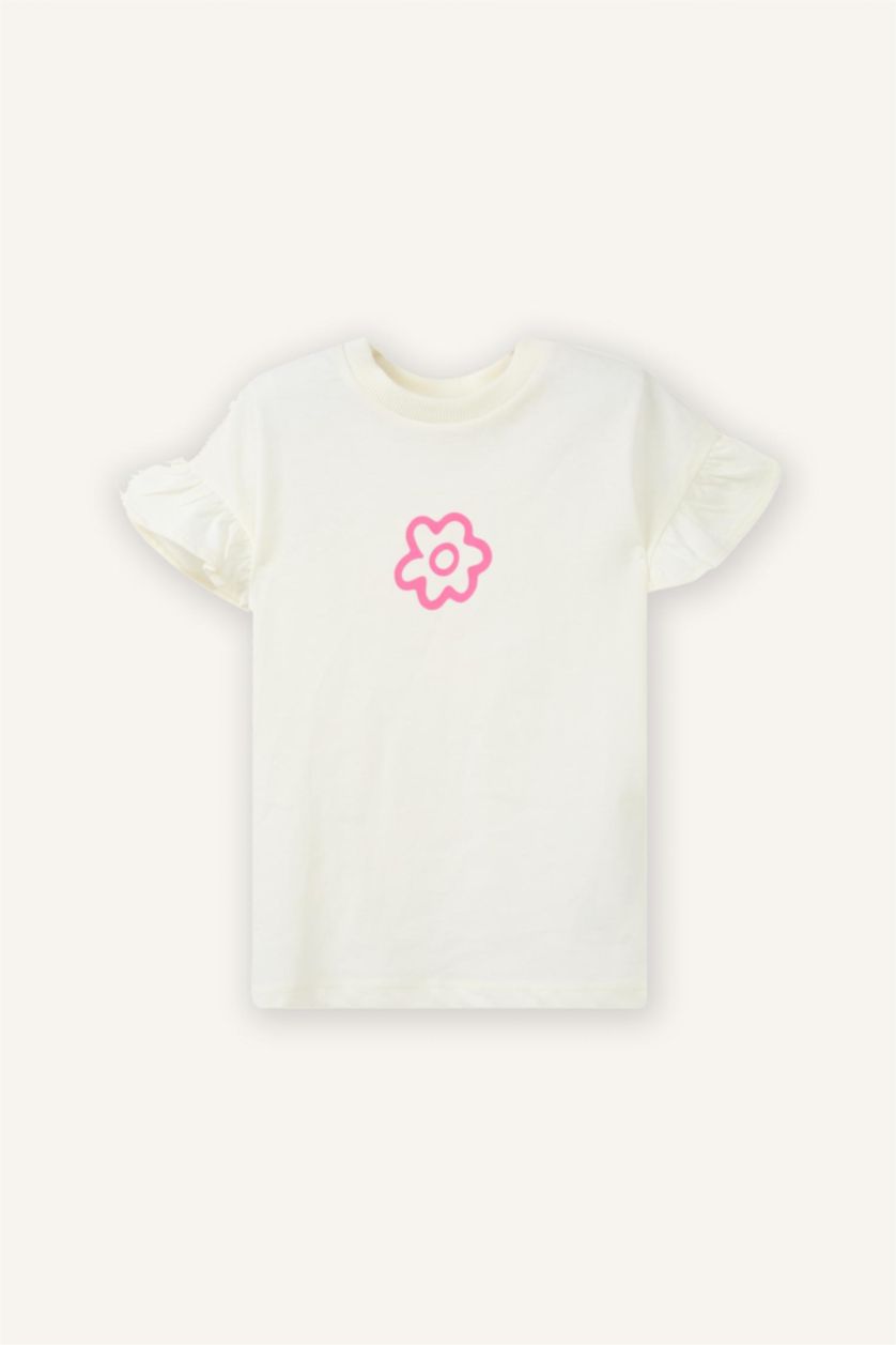 Baby Girls Ecru Regular Fit Flower Short Sleeve T-Shirt