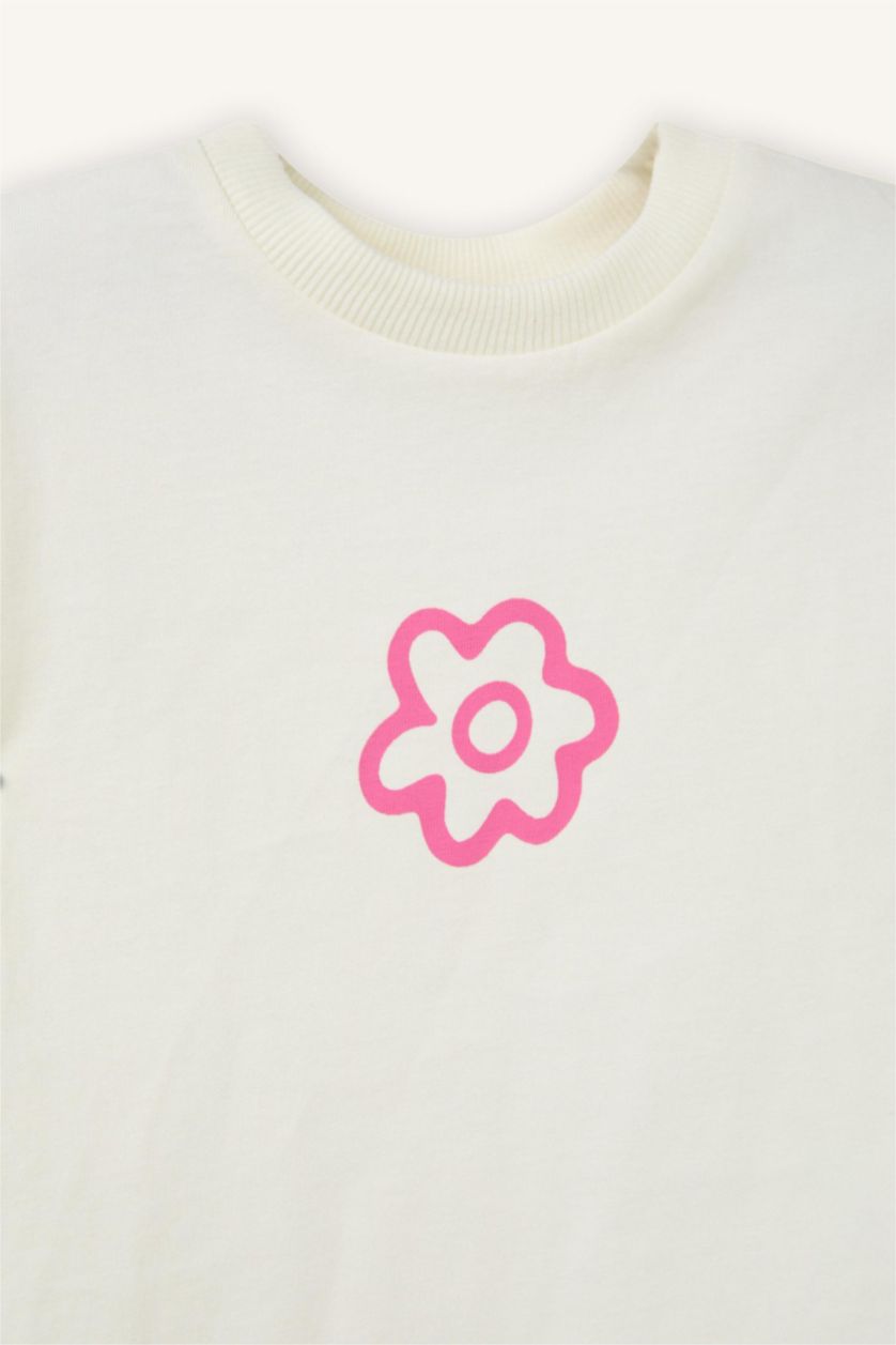 Baby Girls Ecru Regular Fit Flower Short Sleeve T-Shirt
