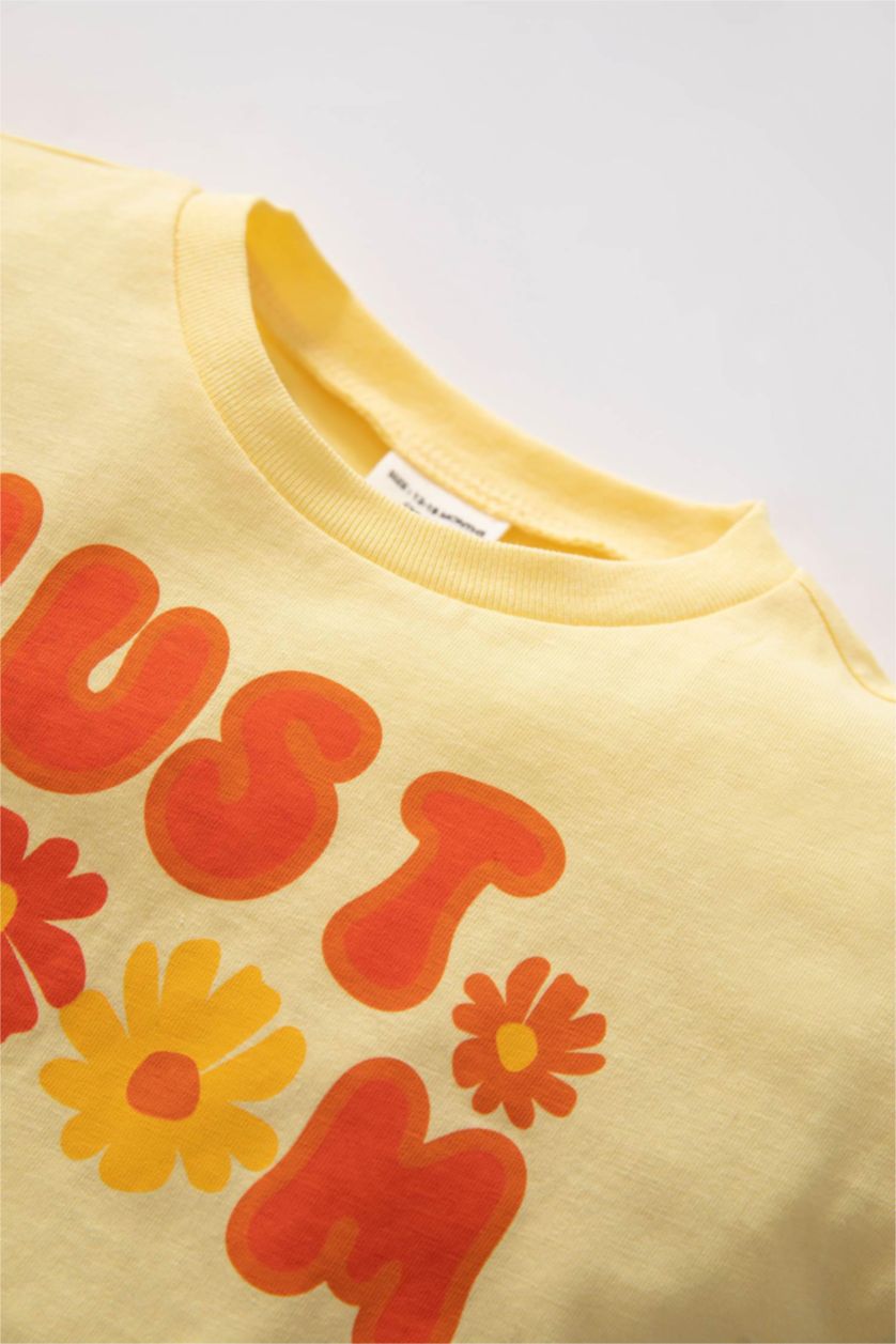 BABY GIRL Yellow Baby Girl Regular Fit Crew Neck Slogan Printed Short Sleeved T-Shirt