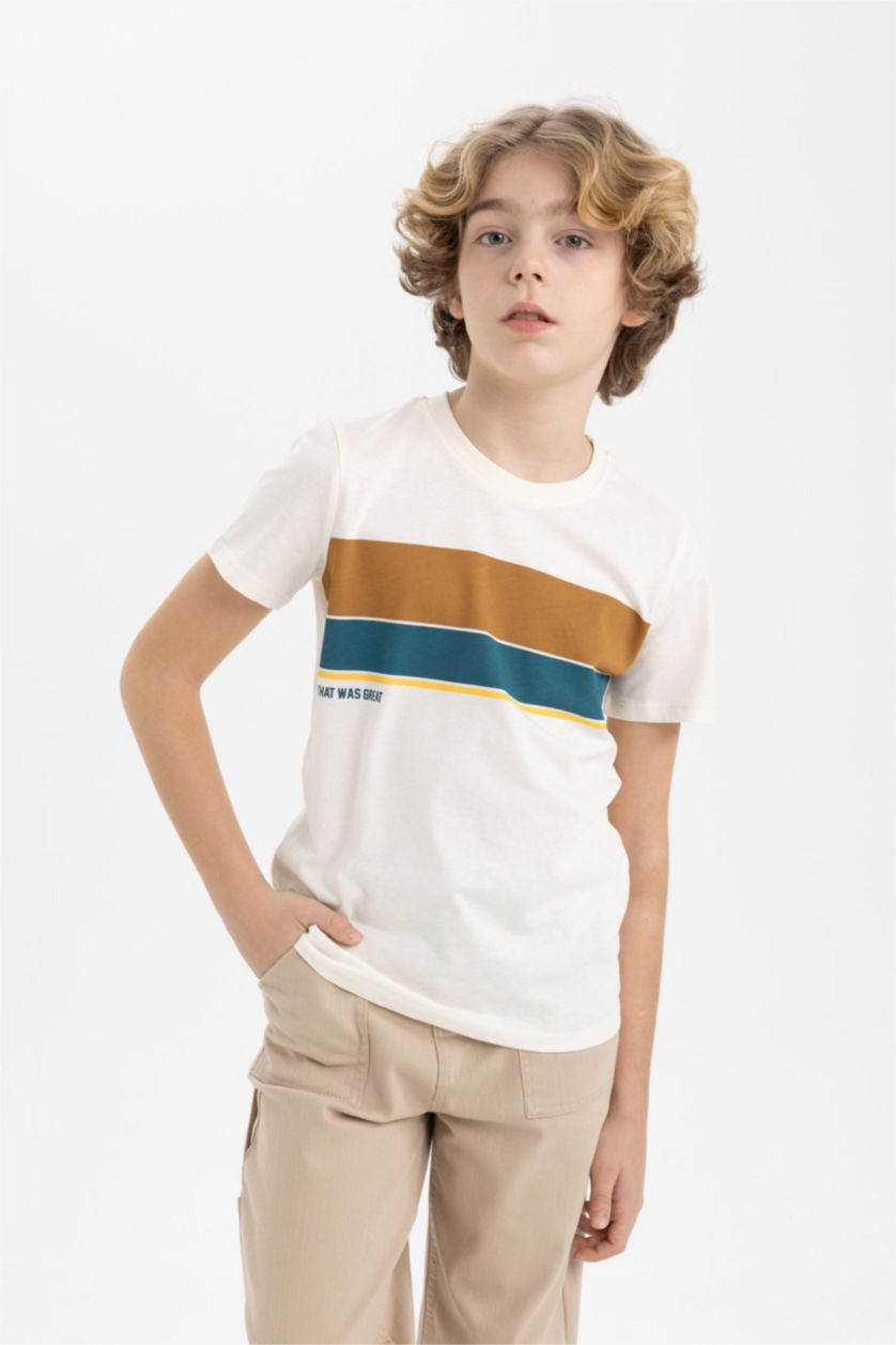 BOYS & TEENS Ecru Boy Crew Neck Striped Short Sleeve T-Shirt