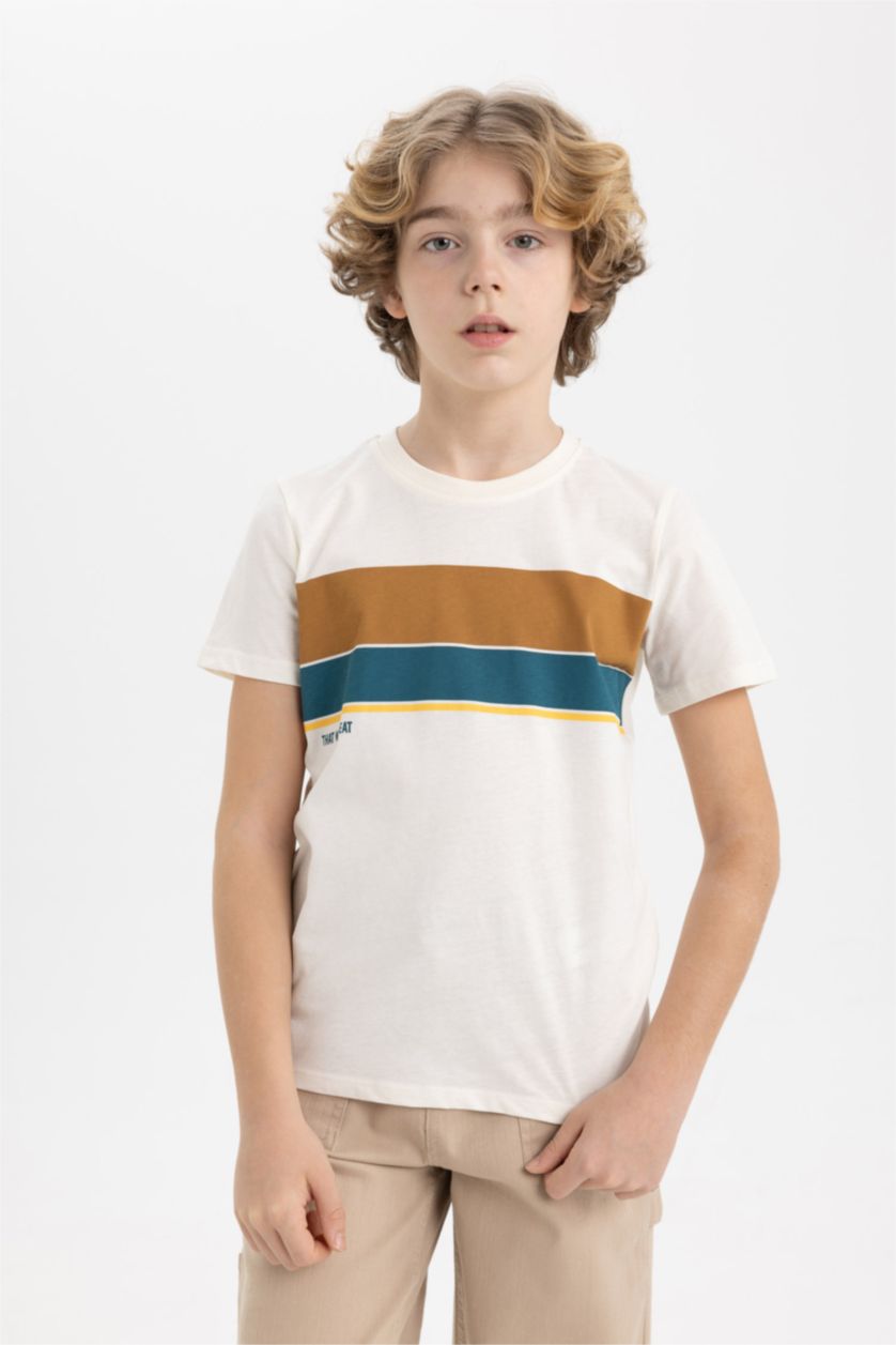 BOYS & TEENS Ecru Boy Crew Neck Striped Short Sleeve T-Shirt