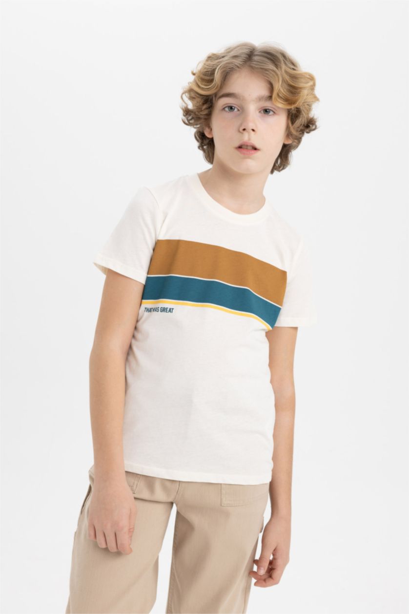 BOYS & TEENS Ecru Boy Crew Neck Striped Short Sleeve T-Shirt