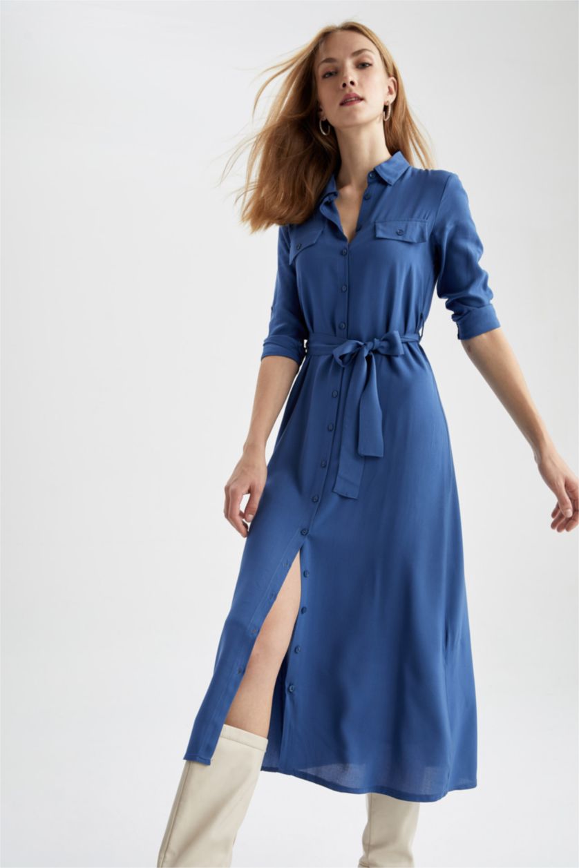 FEMME Bleu Robe en viscose manches longues