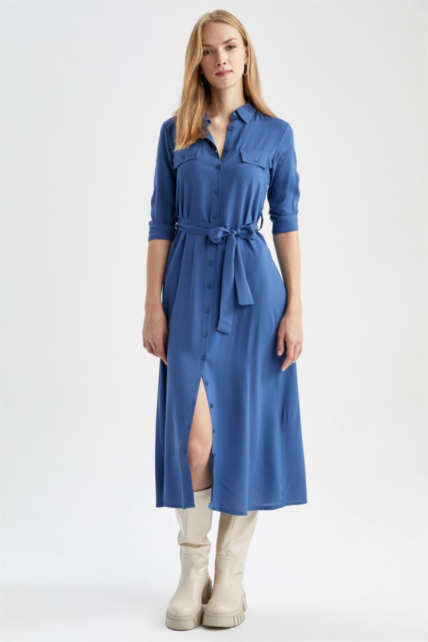FEMME Bleu Robe en viscose manches longues