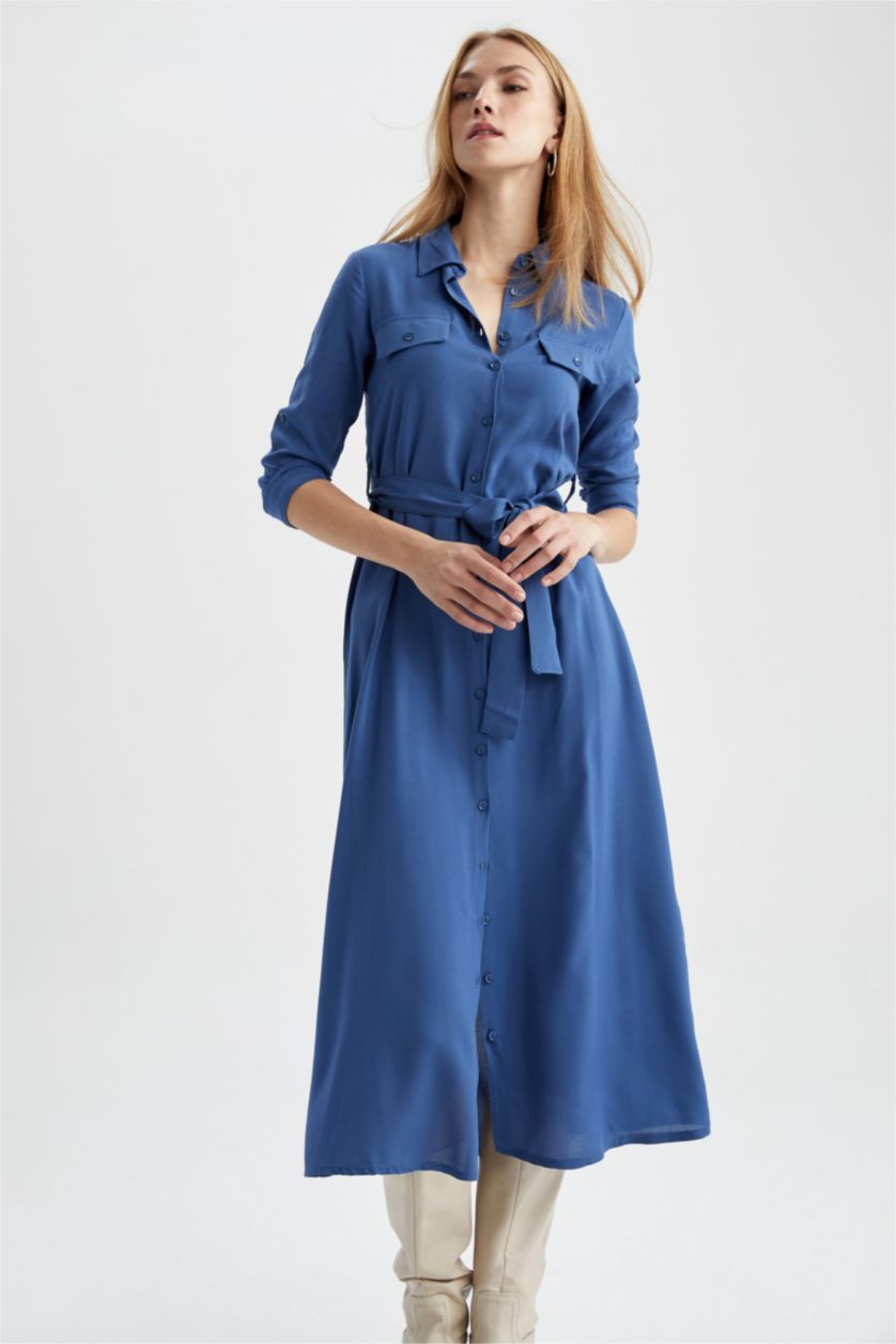 FEMME Bleu Robe en viscose manches longues