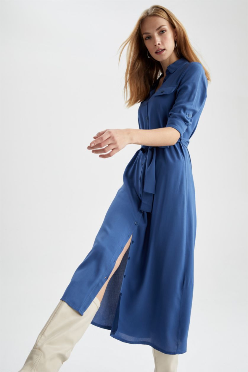 FEMME Bleu Robe en viscose manches longues