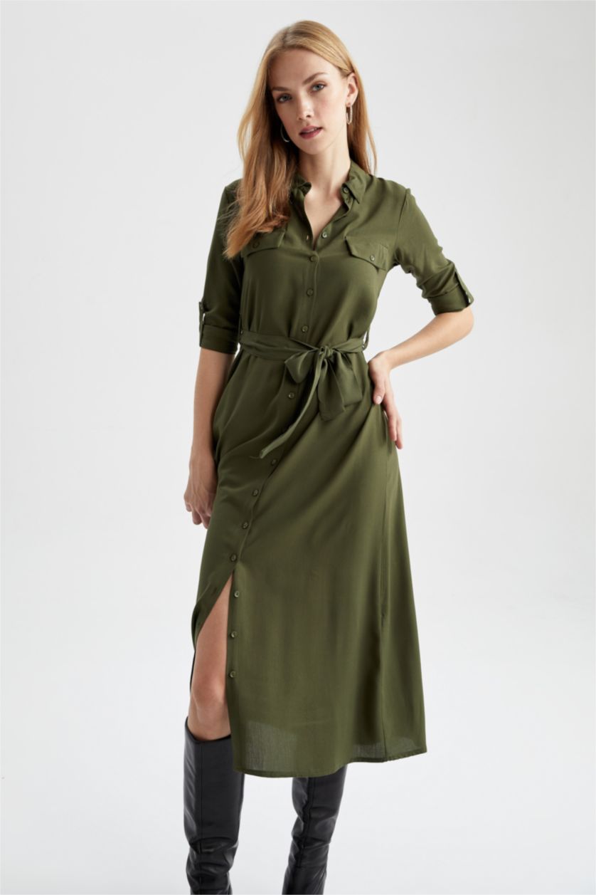 نساء كاكي فستان كم طويل فيسكوز