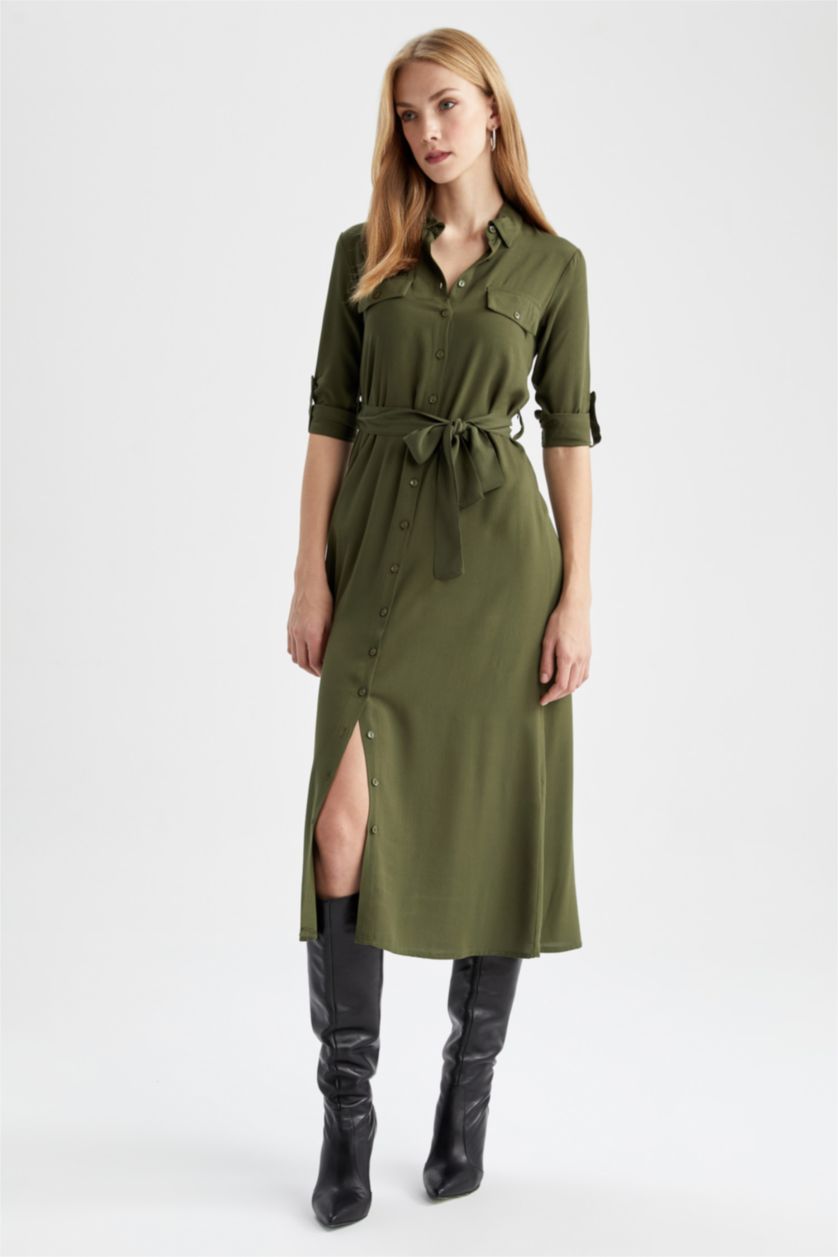 نساء كاكي فستان كم طويل فيسكوز