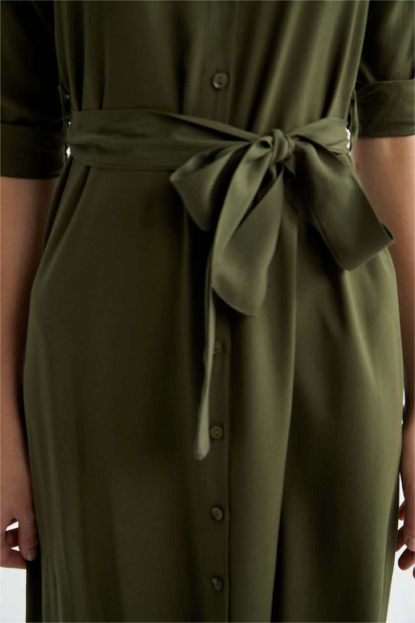 نساء كاكي فستان كم طويل فيسكوز