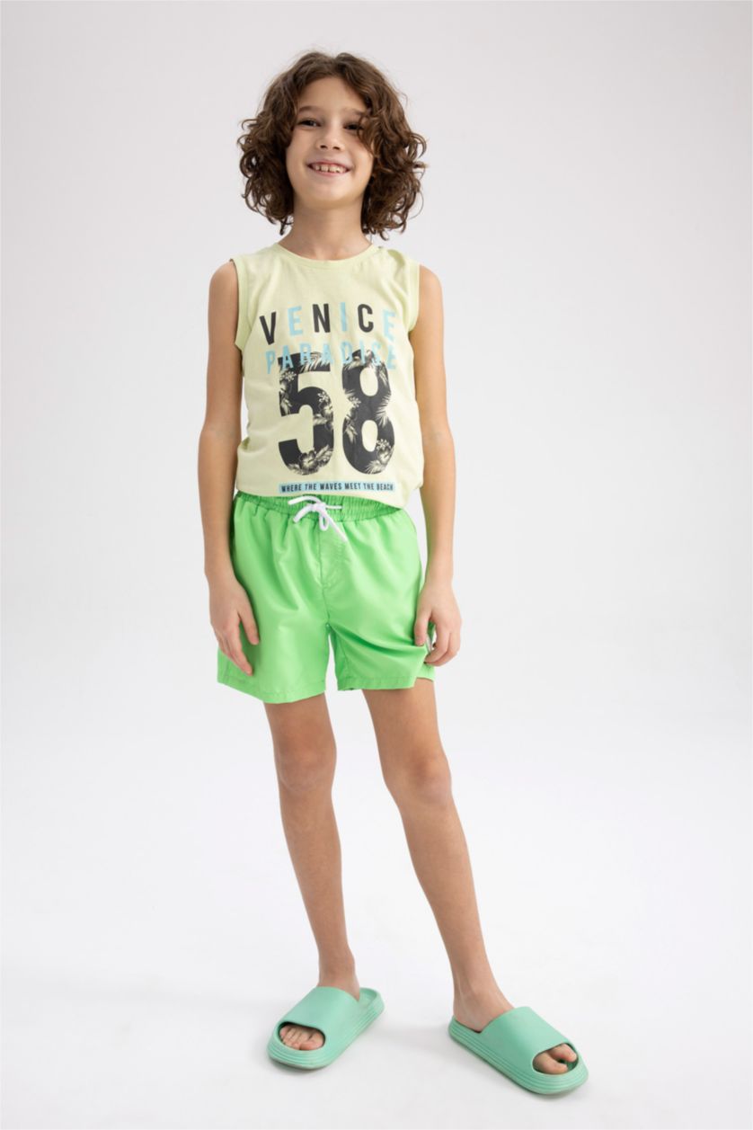 Erkek Çocuk - Genç Erkek Neon Yeşil Erkek Çocuk Basic Düz Deniz Şortu
