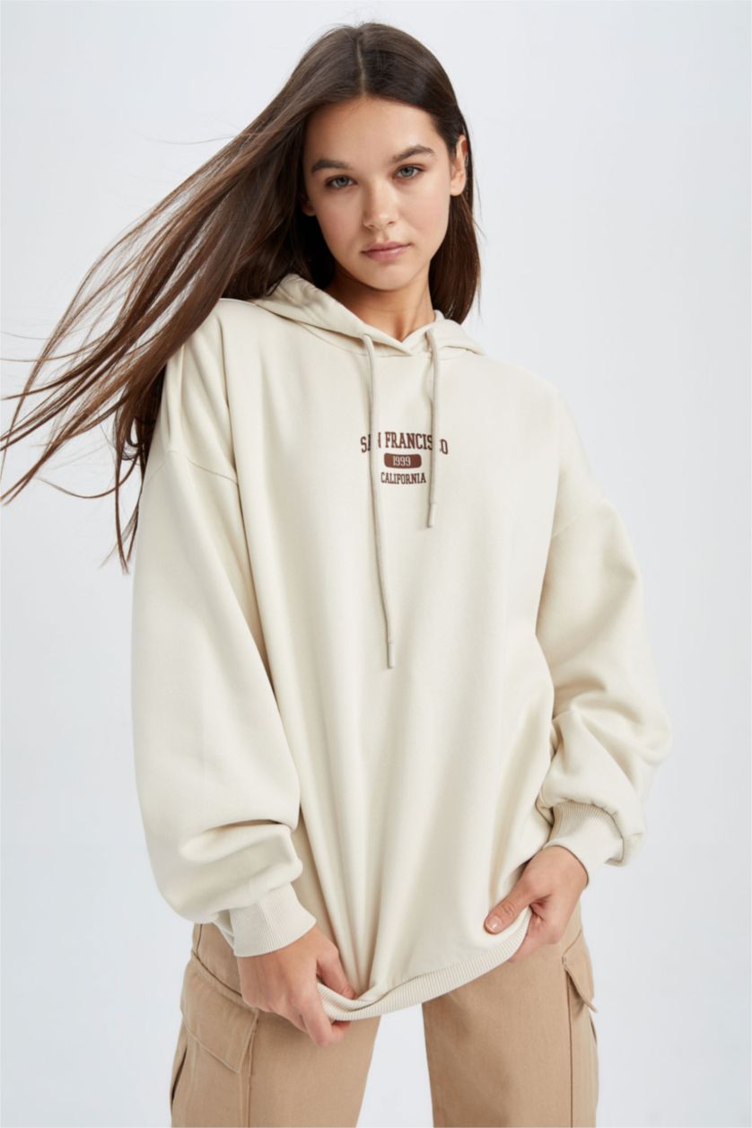 WOMAN Beige Oversize Fit Thick Sweatshirt Fabric Sweatshirt