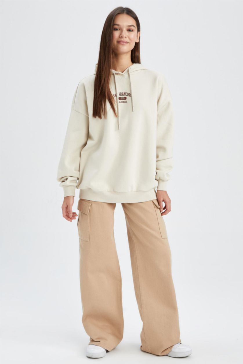 WOMAN Beige Oversize Fit Thick Sweatshirt Fabric Sweatshirt