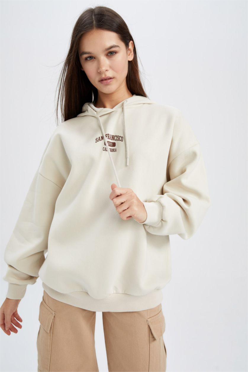WOMAN Beige Oversize Fit Thick Sweatshirt Fabric Sweatshirt