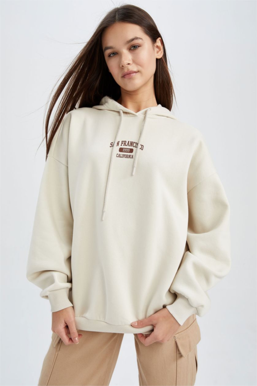 WOMAN Beige Oversize Fit Thick Sweatshirt Fabric Sweatshirt