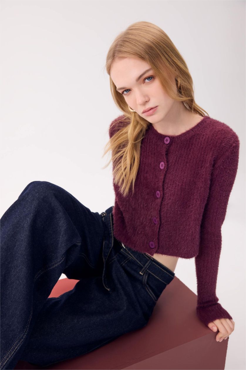 نساء خمري جاكيت تريكو سليم فيت بياخة مستديرة