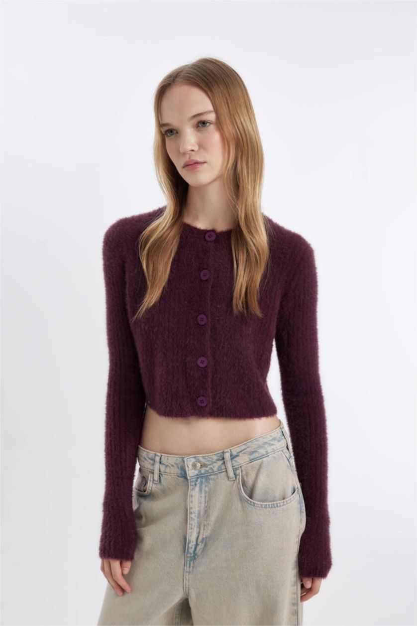 نساء خمري جاكيت تريكو سليم فيت بياخة مستديرة