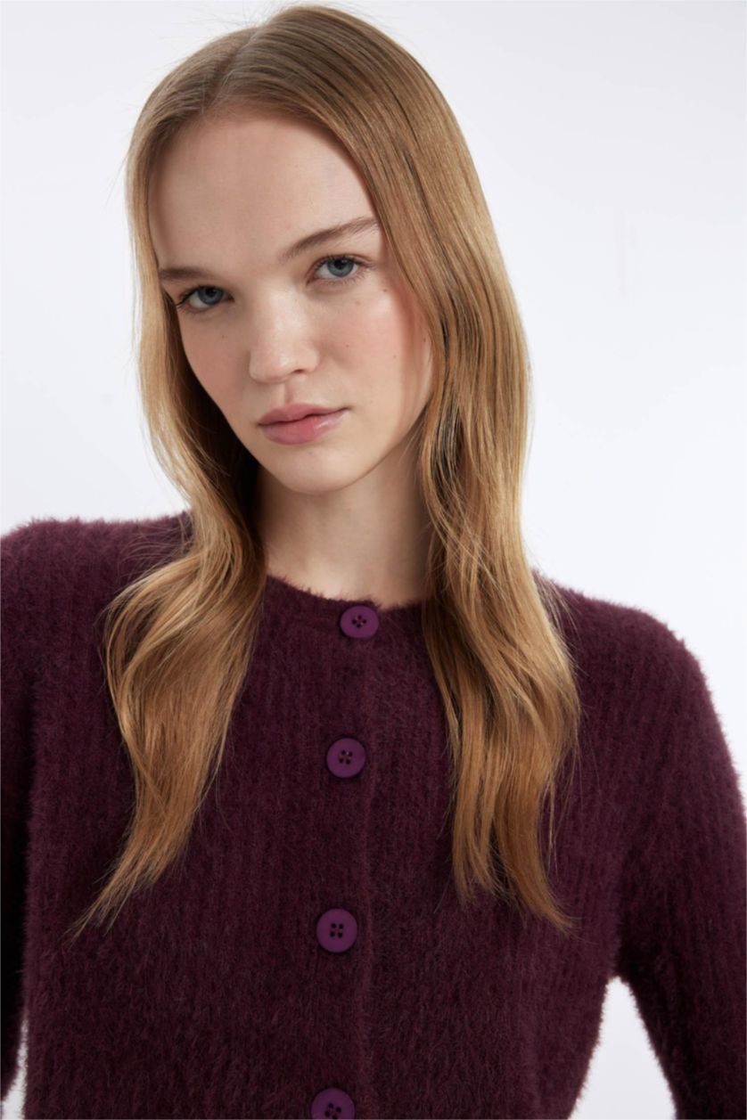 نساء خمري جاكيت تريكو سليم فيت بياخة مستديرة