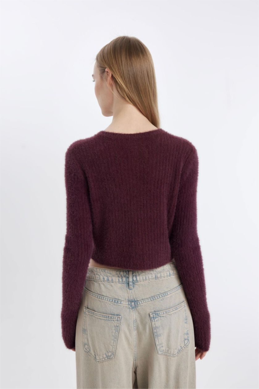 نساء خمري جاكيت تريكو سليم فيت بياخة مستديرة