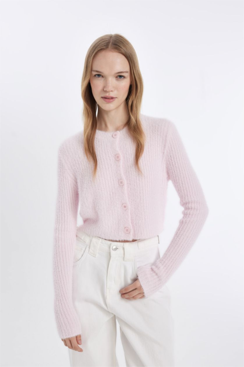 Kadın Pembe Slim Fit Dar Kesim Bisiklet Yaka Triko Hırka