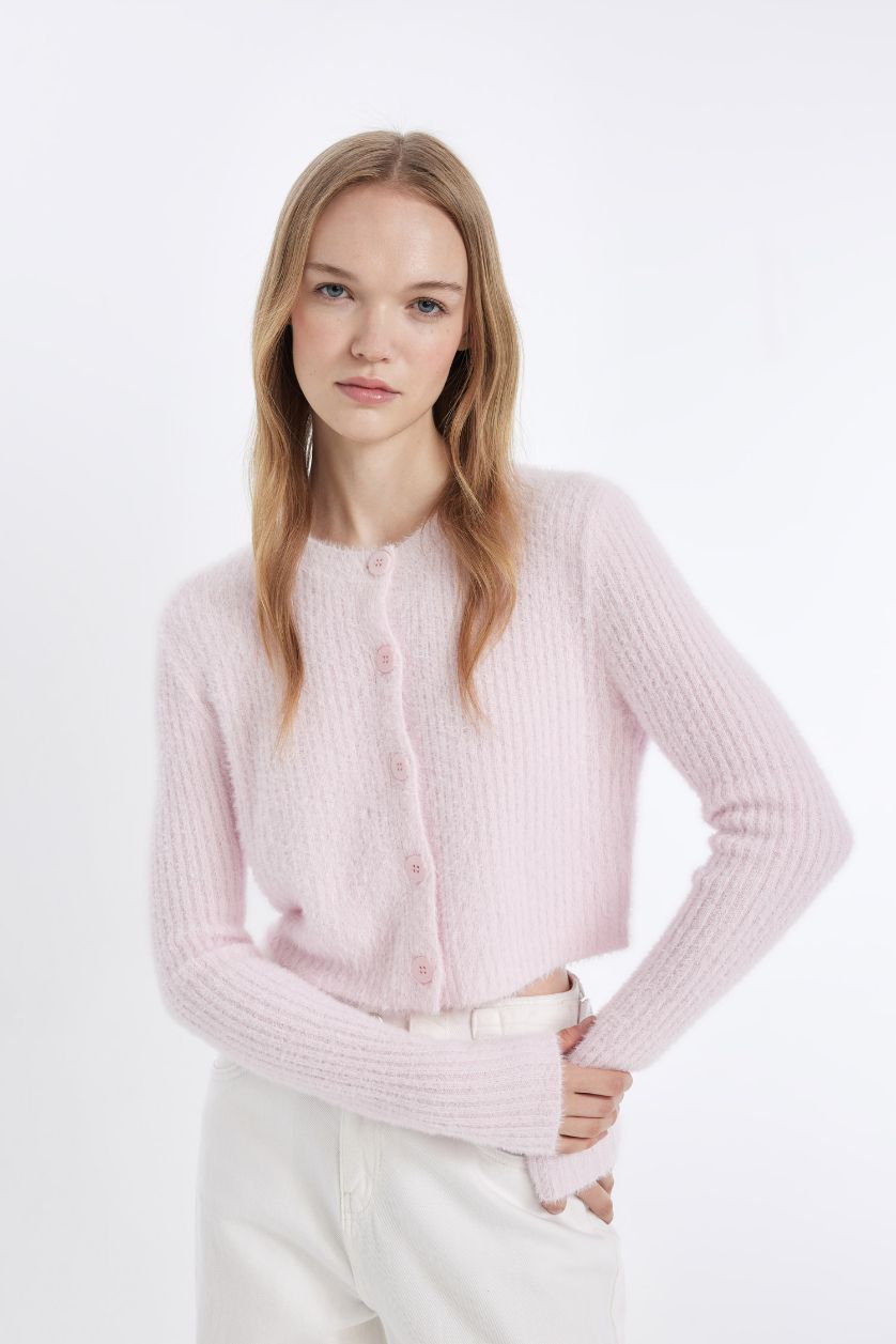 Kadın Pembe Slim Fit Dar Kesim Bisiklet Yaka Triko Hırka