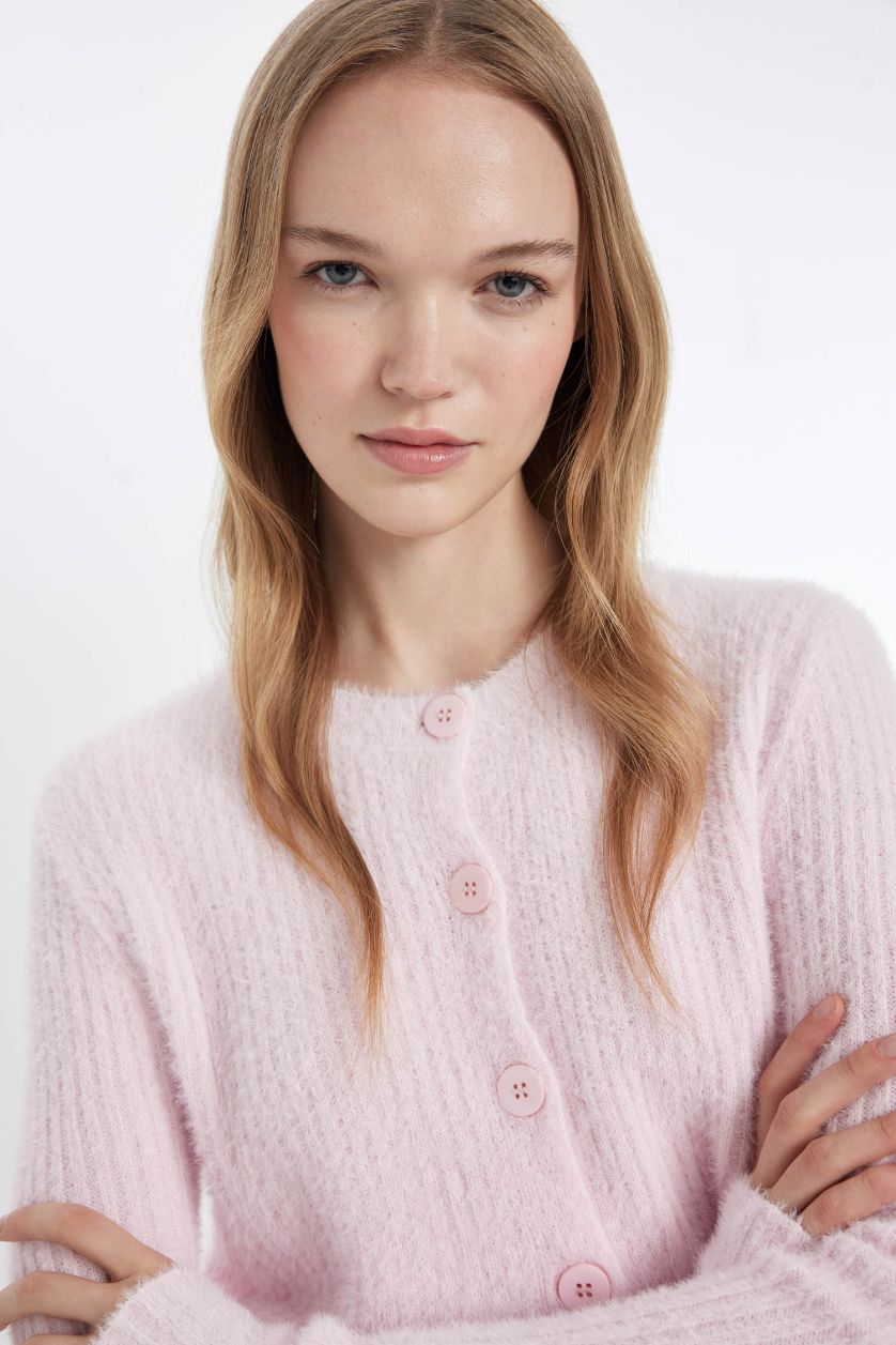 Kadın Pembe Slim Fit Dar Kesim Bisiklet Yaka Triko Hırka