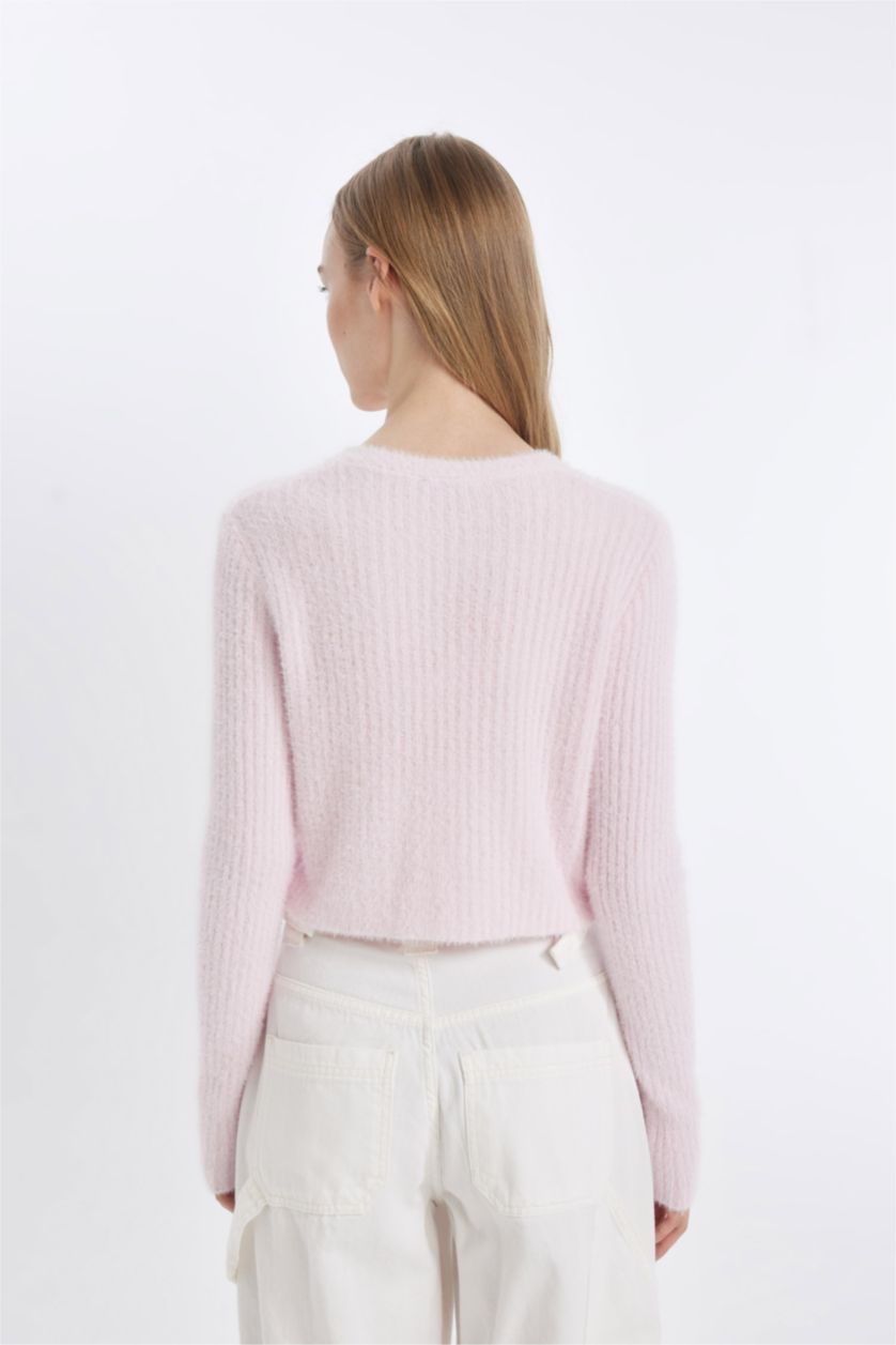 Kadın Pembe Slim Fit Dar Kesim Bisiklet Yaka Triko Hırka