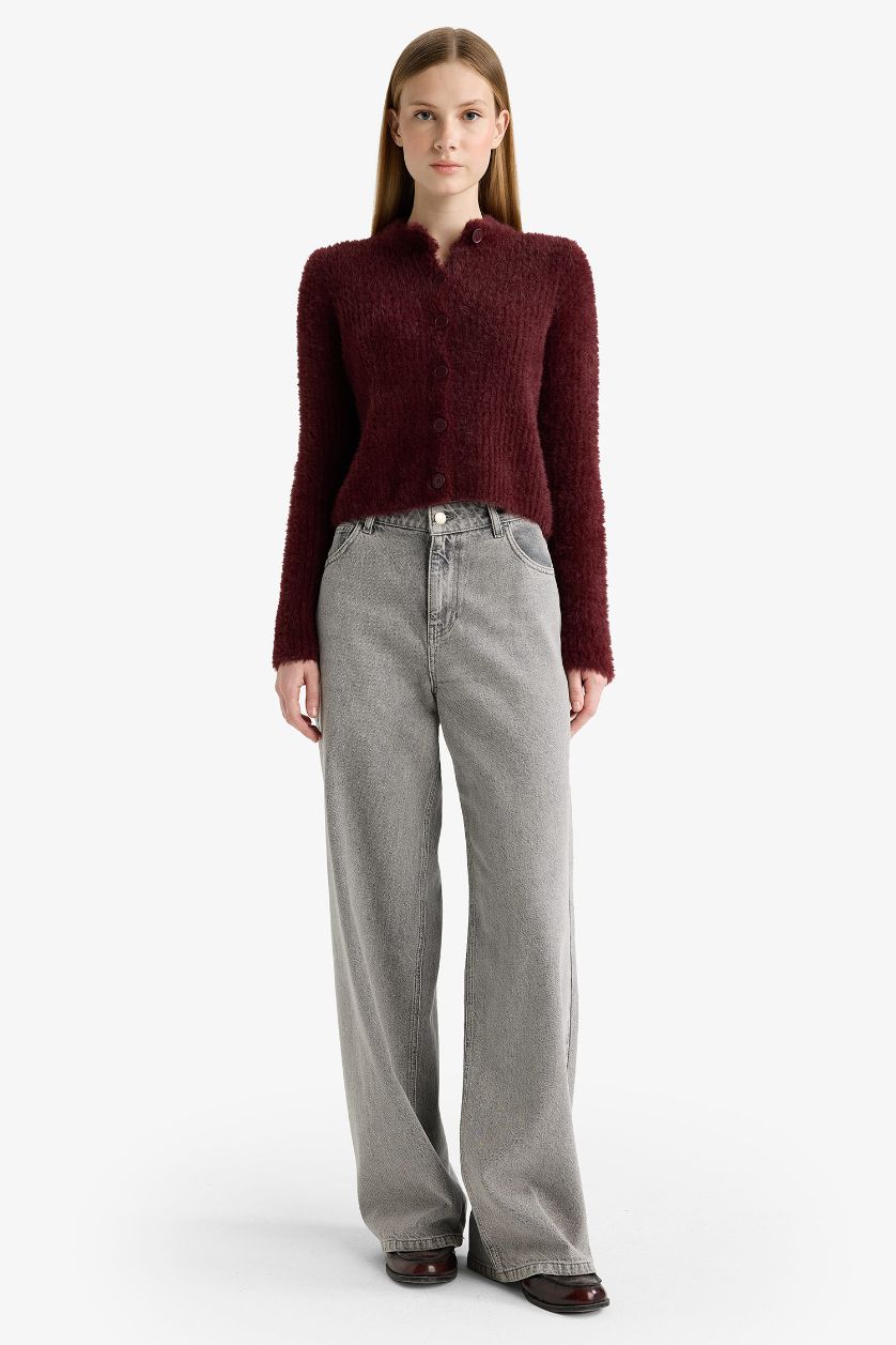 Kadın Bordo Slim Fit Dar Kesim Bisiklet Yaka Triko Hırka