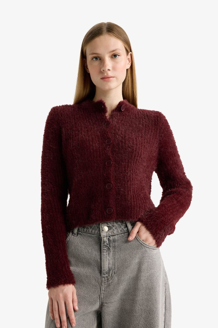 Kadın Bordo Slim Fit Dar Kesim Bisiklet Yaka Triko Hırka