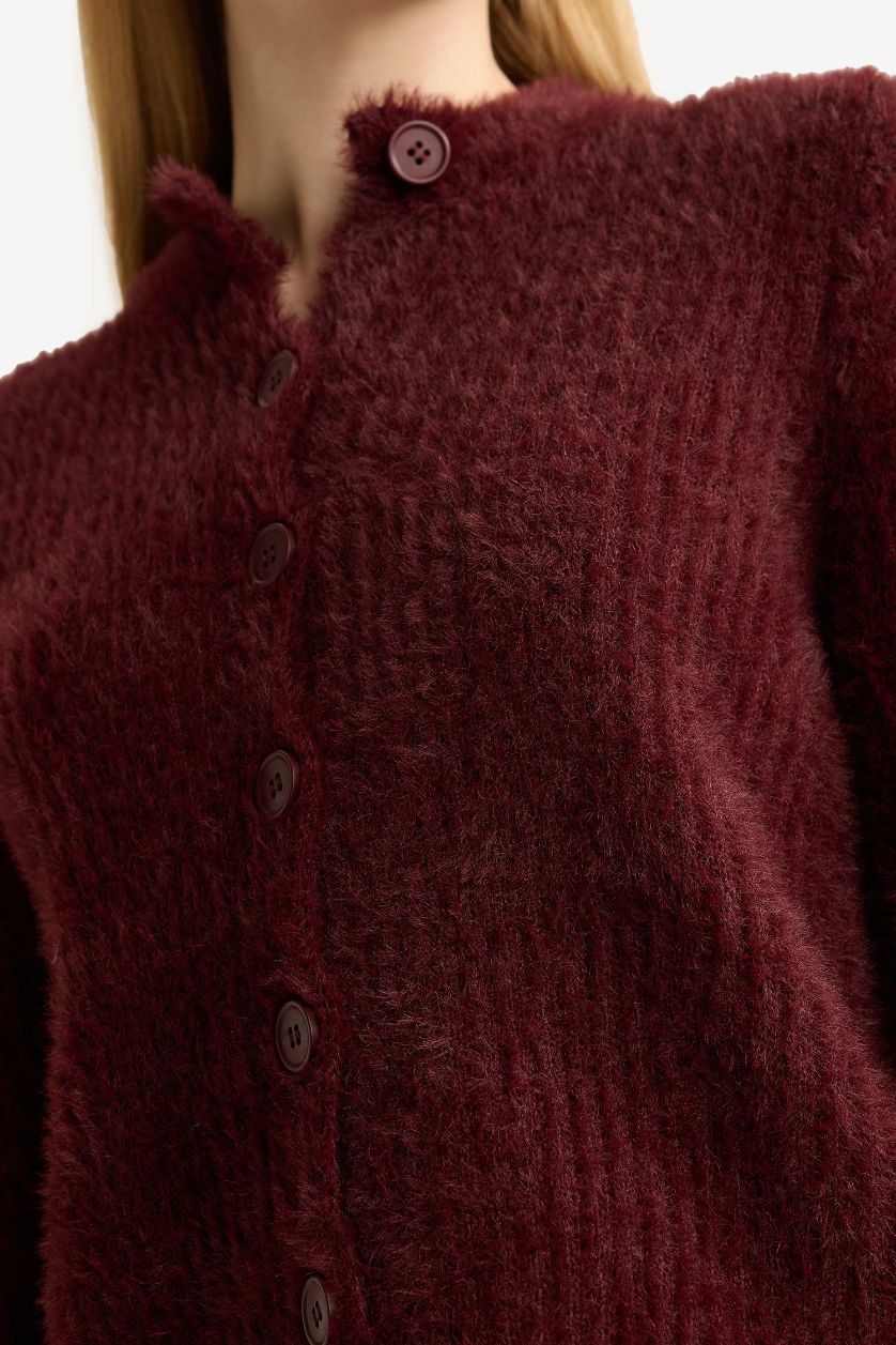 Kadın Bordo Slim Fit Dar Kesim Bisiklet Yaka Triko Hırka