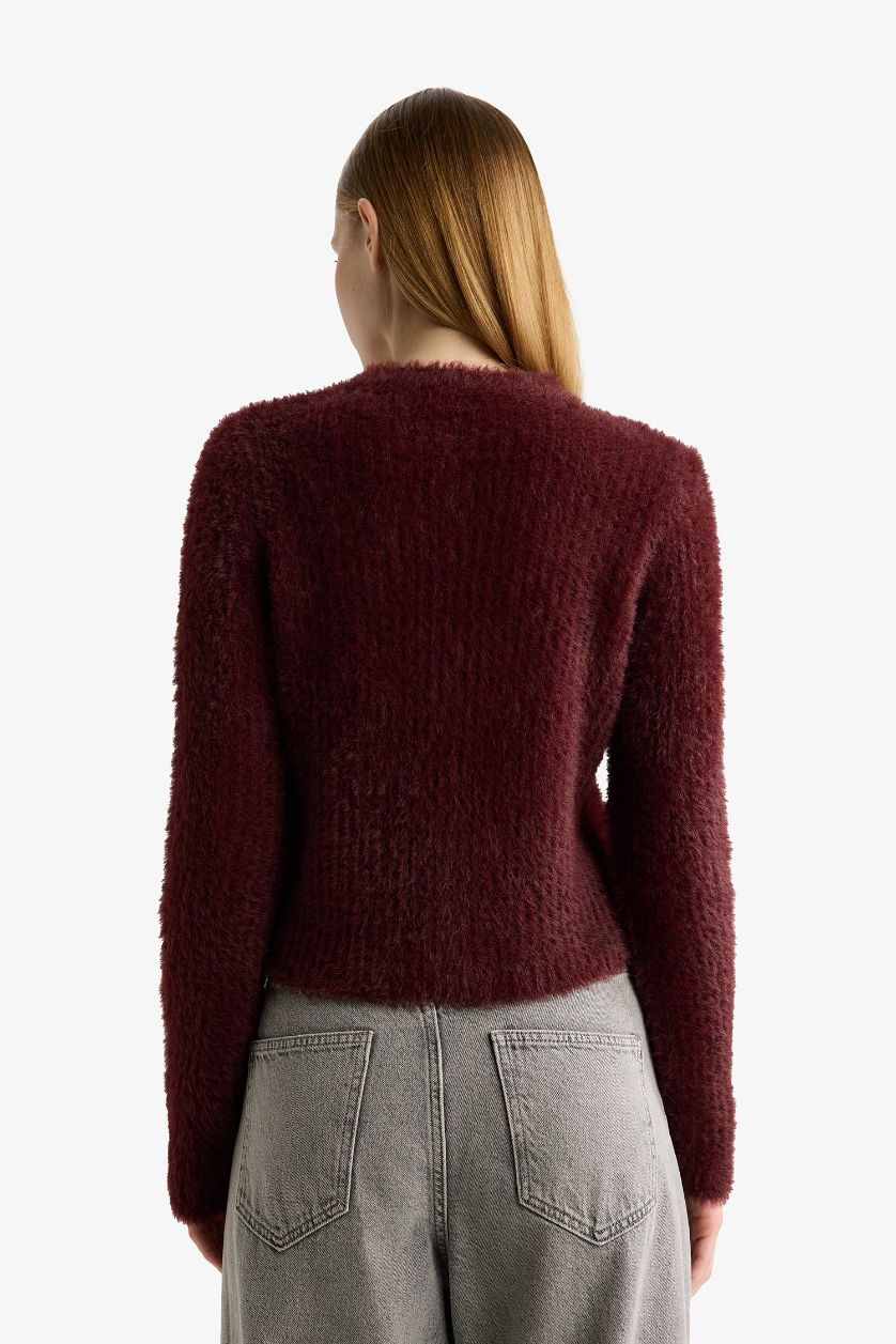 Kadın Bordo Slim Fit Dar Kesim Bisiklet Yaka Triko Hırka