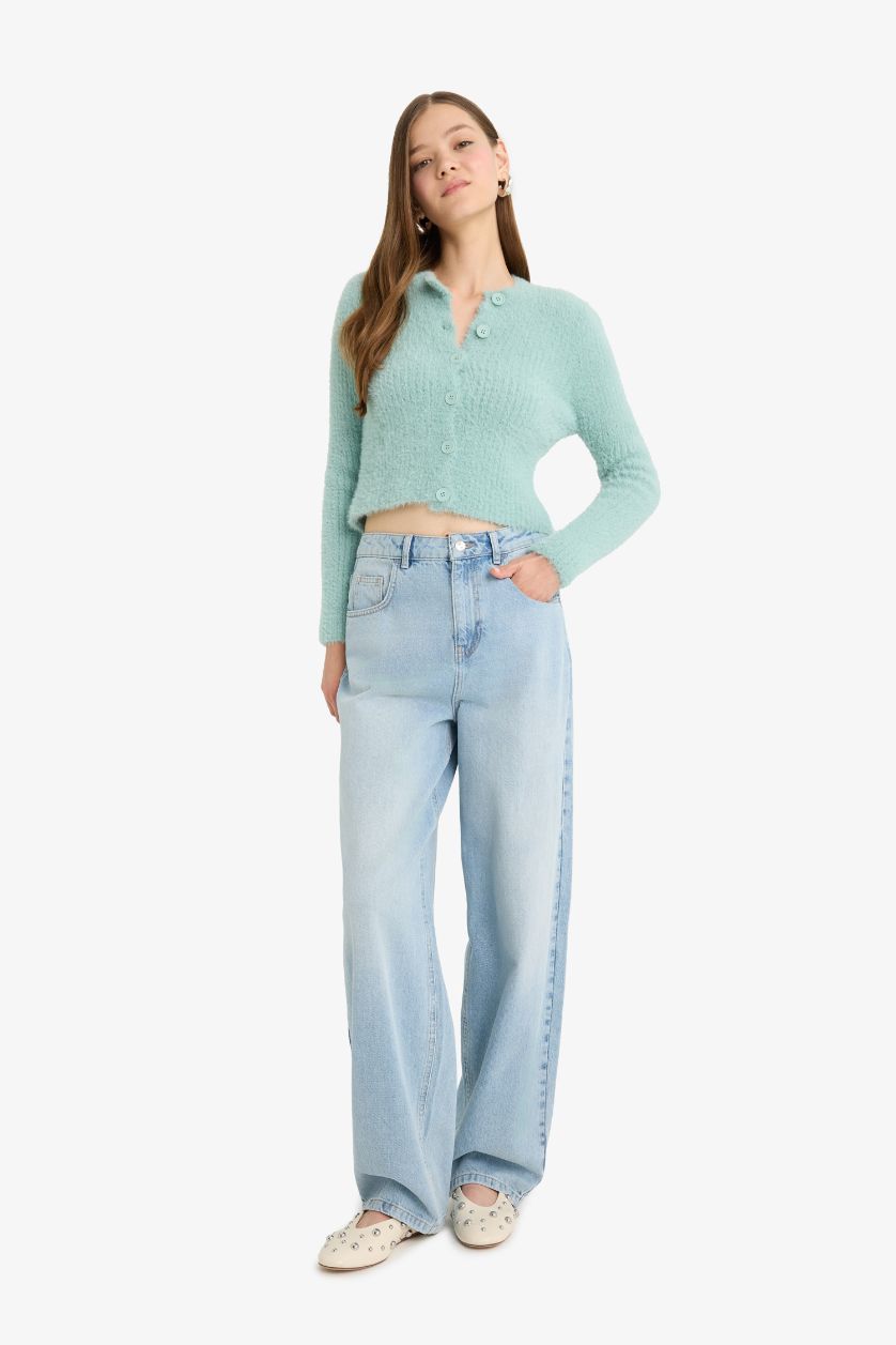 Woman Light Green Slim Fit Crew Neck Knitwear Cardigan