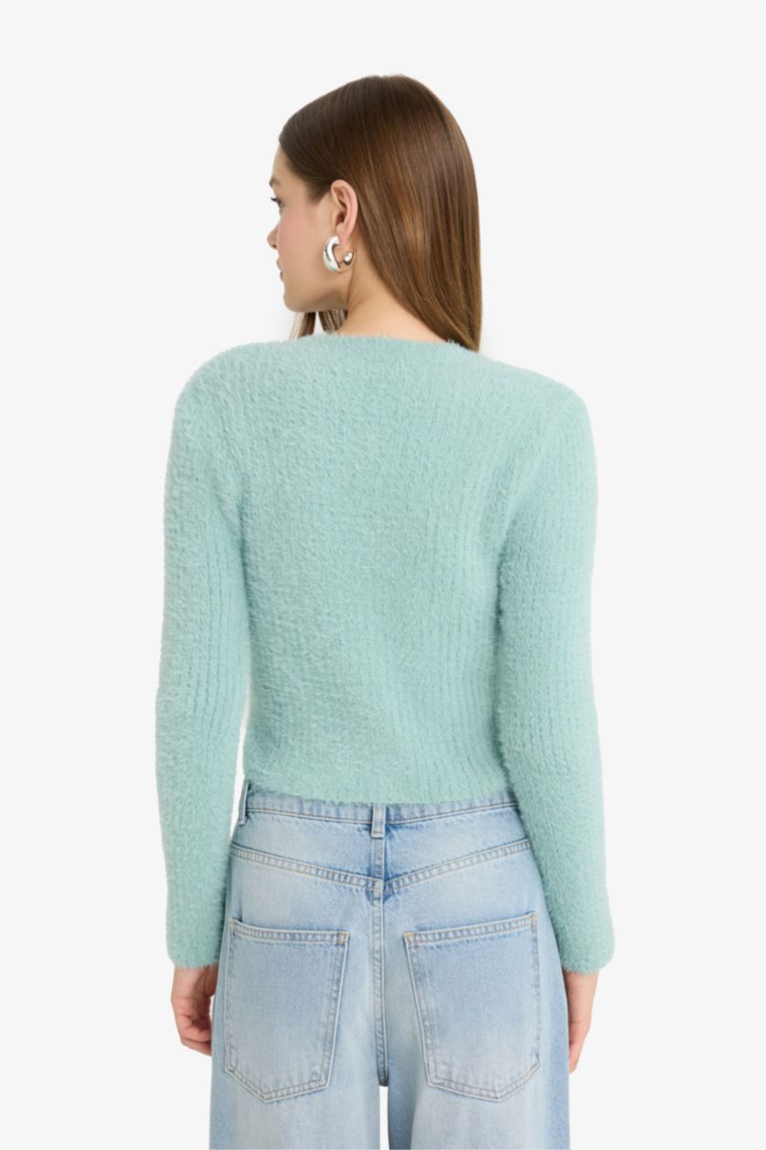 Woman Light Green Slim Fit Crew Neck Knitwear Cardigan