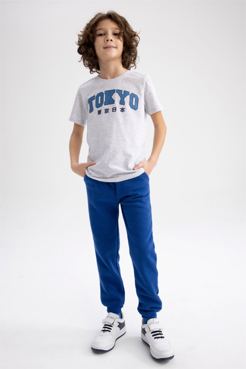 Erkek Çocuk - Genç Erkek Optik Gri Melanj Erkek Çocuk Bisiklet Yaka Baskılı Kısa Kollu Tişört