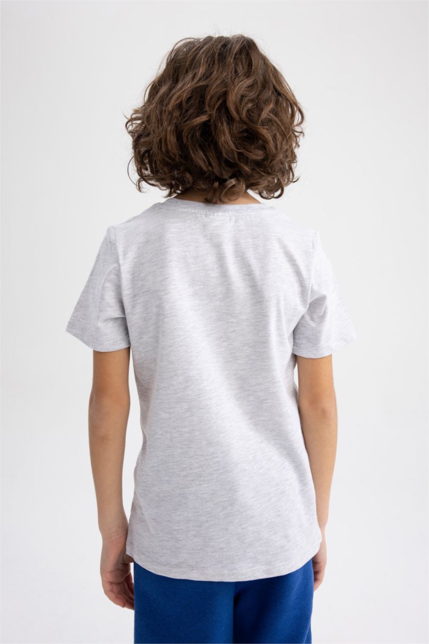 Erkek Çocuk - Genç Erkek Optik Gri Melanj Erkek Çocuk Bisiklet Yaka Baskılı Kısa Kollu Tişört